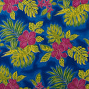Hibiscus Plumeria Banana Leaves Palm Leaves | Glitter Polyester Fabric Blue