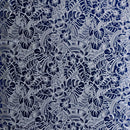 Hibiscus Plumeria Tiare Monstera,Musa Acuminata, Anthurium leaves | Polyester Foil Printed Fabric White/Navy