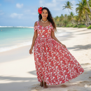 Red hibiscus and plumeria tropical floral pattern on rayon poplin fabric.