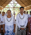 People in church wearing Authentic Ula Nifo from Islands Fabric.