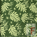 Close-up view of Coastal Canopy poly-cotton fabric featuring a light green and sage tropical palm leaf, monstera, and hibiscus botanical print on an olive green background.