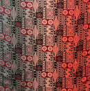 A flat-lay view of a Fijian Tapa Barkcloth Fabric (Style 1) featuring a traditional geometric pattern. The design consists of repeating rectangular tiles in a warm gradient of red, orange, and tan, filled with intricate black tribal motifs including sunbursts, triangles, and linear hatches.