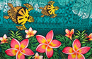 A flat-lay view of the Hibiscus, Plumeria Assortment Sarong (Style 14) featuring a vibrant Polynesian-inspired design. The pattern includes several large, bright pink hibiscus flowers with yellow centers and smaller orange and white plumeria blossoms. The background is a rich teal and blue, adorned with intricate traditional Polynesian tribal motifs, tattoo-inspired geometric patterns, and three stylized yellow sea turtles (honu) swimming across the top.