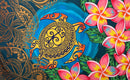 A flat-lay view of the Hibiscus, Plumeria Assortment Sarong (Style 15) featuring a vibrant Polynesian-inspired design. The pattern includes several large, bright pink hibiscus flowers with yellow centers and smaller pink plumeria blossoms. The background is a mix of bright blue and dark blue sections, dominated by a large, detailed golden-yellow sea turtle (honu) with intricate swirling shell patterns, surrounded by traditional Polynesian tribal motifs, stylized green palm leaves, and a decorative orange ge