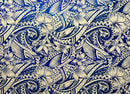 2nd image of Beige & Royal Hibiscus Plumeria Polynesian Tattoo Polyester Foil Fabric