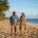 An Islander couple walking hand-in-hand on a tropical beach at sunset, wearing custom apparel made from Hibiscus on traditional Tapa Polyester Fabric in Royal Blue and Yellow colorways.