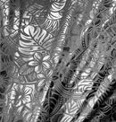 Black/Silver Hibiscus Plumeria Tiare Monstera,Musa Acuminata, Anthurium leaves Printed Polyester Foil Fabric