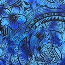 Blue and black tropical Polynesian tribal pattern fabric featuring hibiscus flowers and geometric wave designs.
