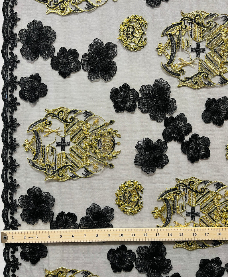 Black Hibiscus Tonga Seal Lace | Islands Fabric
