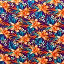 Tropical floral pattern with orange and teal flowers on a purple background