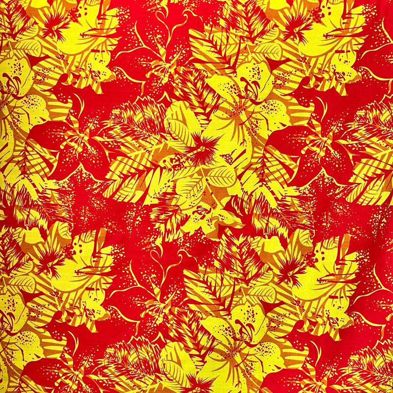 Hibiscus Plumeria Tropical Leaves Fabric | Cotton Light Barkcloth