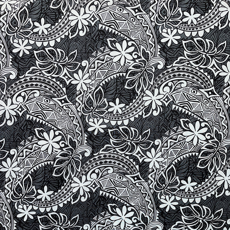 Tiare & Monstera Leaf Tribal Design Cotton Fabric | Islands Fabric