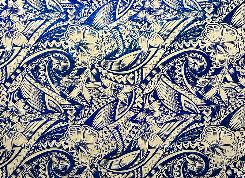 Hibiscus Plumeria Polynesian Tattoo Polyester Foil Fabric | Islands Fabric