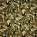 A fabric featuring an all-over pattern of multicolor monstera leaves on a light barkcloth background.