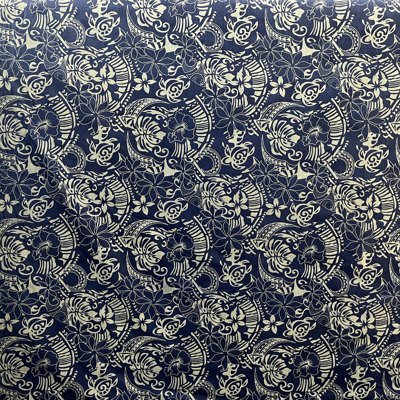 Polynesian Tribal Print Fabric | Chambray (Denim Look)