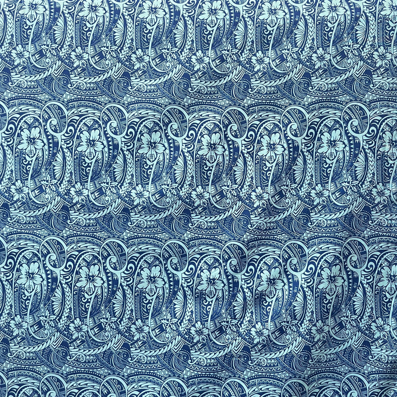 A yard of polyester fabric with a traditional Polynesian tattoo design, featuring small hibiscus flowers and geometric patterns in a repeating motif on a purple background.