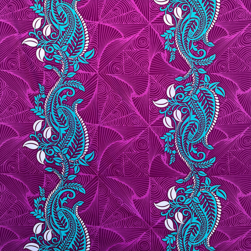 Teal and white paisley pattern on a purple background