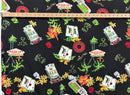 Golden yellow Polynesian tatau pattern fabric with intricate floral motifs and tribal geometric line art.