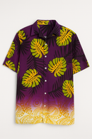 Monstera Palm Leaves Traditional Tattoo Border Light Barkcloth Fabric made to a purple shirt