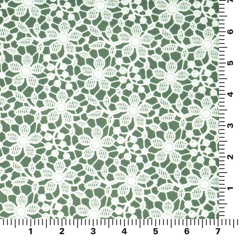 White Flower Lace Pattern on Sage Printed Spandex Fabric | Blue Moon Fabrics
