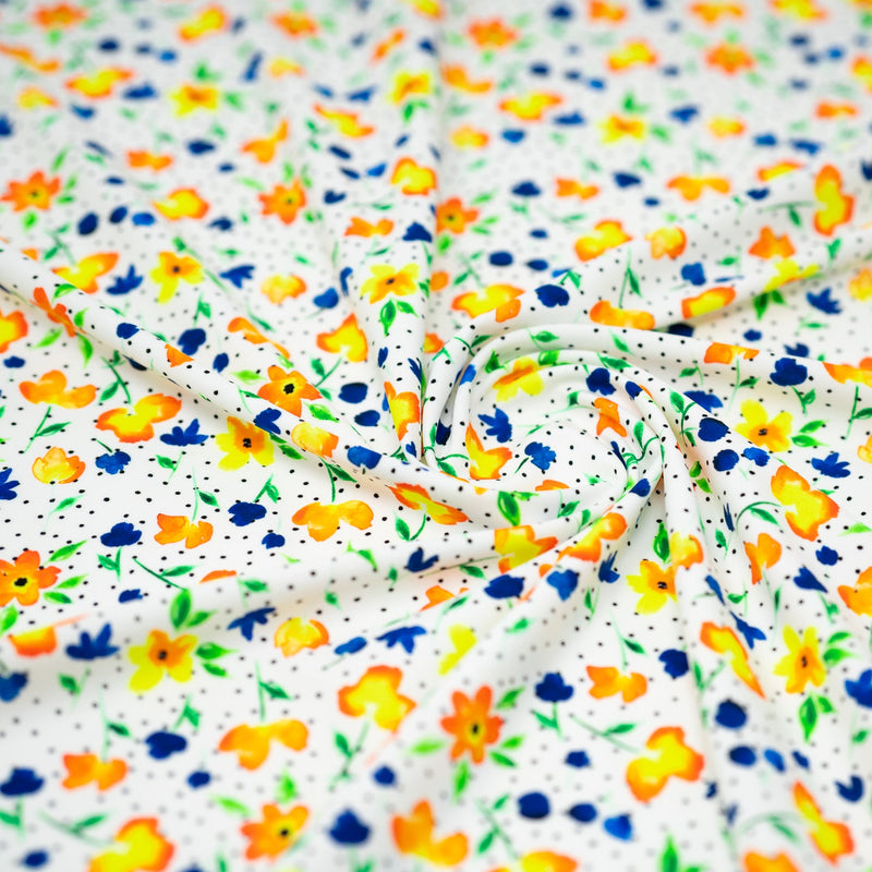 Watercolor Flowers and Black Dots Printed Spandex Fabric | Blue Moon Fabrics