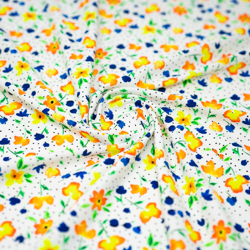 Watercolor Flowers and Black Dots Printed Spandex Fabric | Blue Moon Fabrics