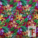 Tropical Hawaiian orchid and palm print fabric in Leilani Blossom magenta with yellow florals.