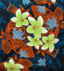 Black, Teal, Orange colored Plumeria Turtles Traditional Tribal design Peachskin Fabric