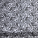Gray colored Polynesian Hibiscus & Plumeria Flowers Traditional Tattoo Single Border Poly-Cotton Fabric