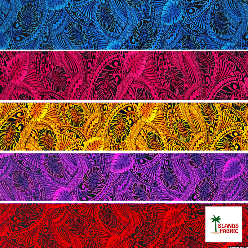 Traditional Tattoo Monstera Leaves Rayon Fabric | Islands Fabric