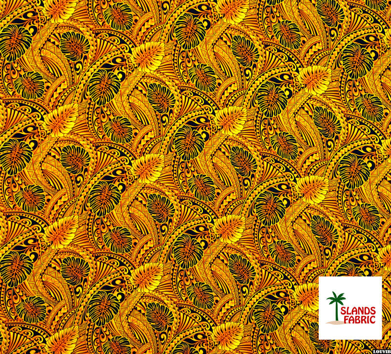 Traditional Tattoo Monstera Leaves Rayon Fabric | Islands Fabric