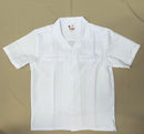 White short-sleeve safari shirt with button-down front, dual chest pockets, and vertical pleat detailing.