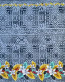 Grey colored Tropical Flowers and Leaves Double Border Peachskin Fabric