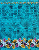 Turquoise colored Tropical Flowers and Leaves Double Border Peachskin Fabric