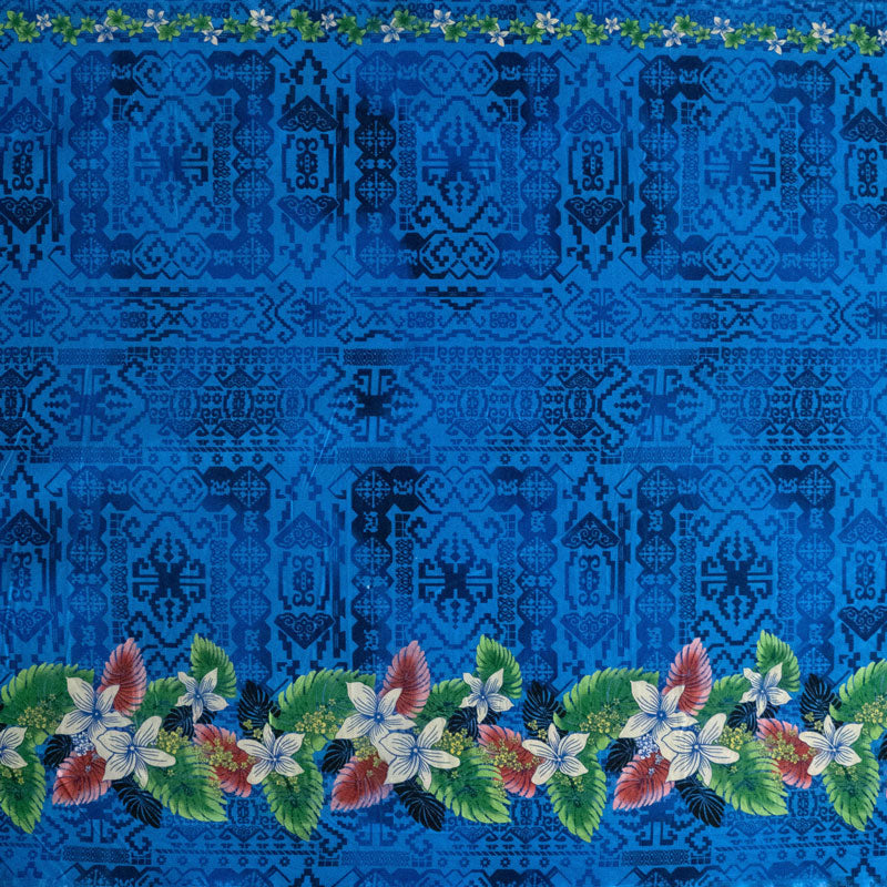 Tropical Flowers and Leaves Double Border | Peachskin Fabric Royal