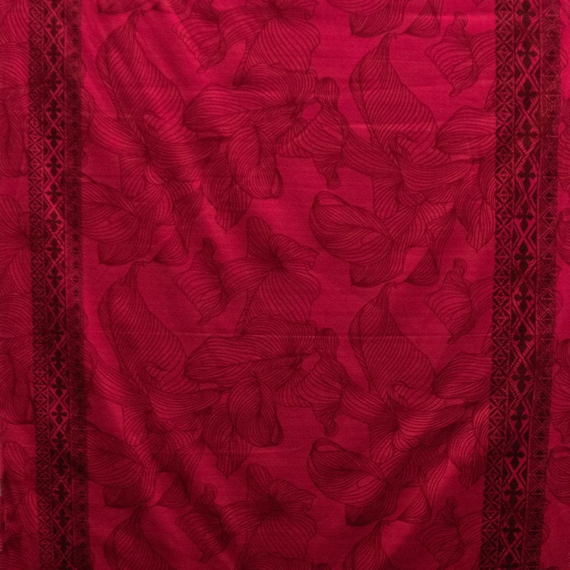 Lily with Tapa Double Border  | Cotton Light Barkcloth Fabric Red