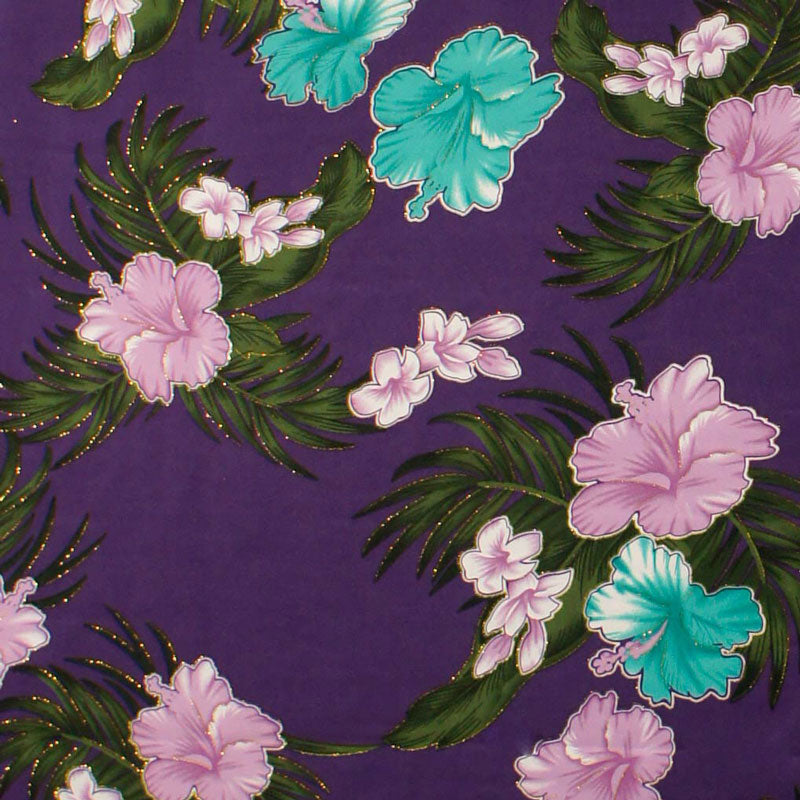 Hibiscus Plumeria Banana Leaves Palm Leaves | Glitter Polyester Fabric Purple