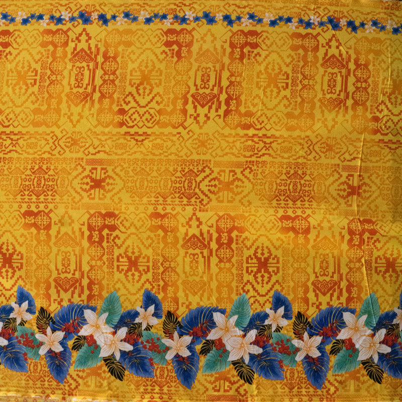 Tropical Flowers and Leaves Double Border | Peachskin Fabric Yellow