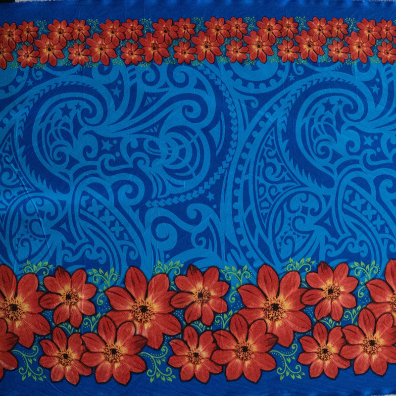 Traditional Polynesian Tattoo Tropical Flowers Double Border | Polyester Fabric Royal
