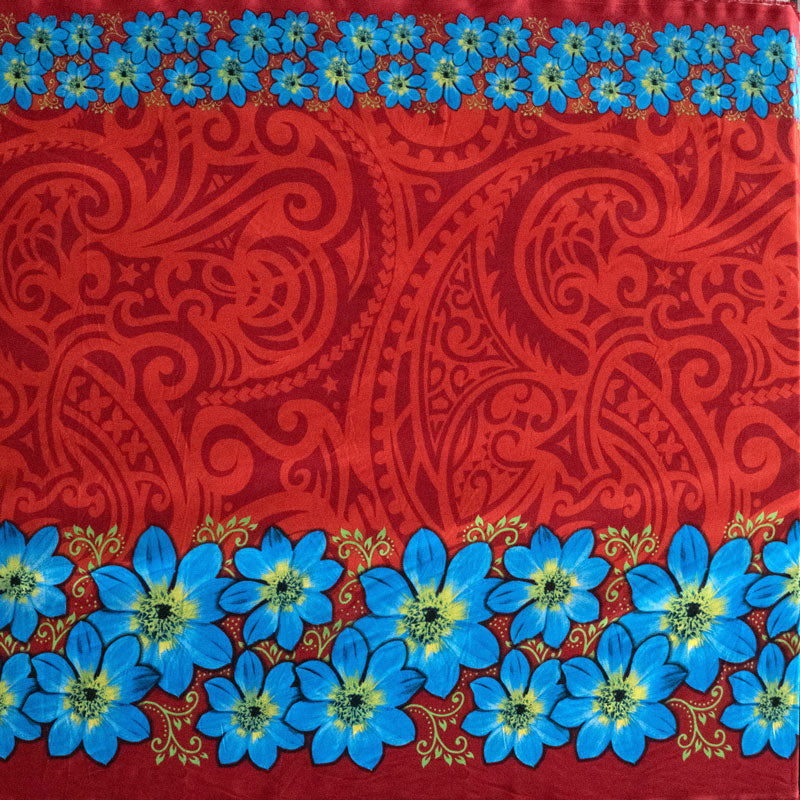 Traditional Polynesian Tattoo Tropical Flowers Double Border | Polyester Fabric Red