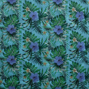 Aqua colored Hibiscus Monstera Palm leaves Polyester Fabric