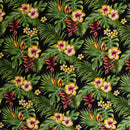 Black colored Hibiscus Plumeria Split Banana Palm Leaves Fabric