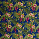 Navy colored Hibiscus Plumeria Split Banana Palm Leaves Fabric