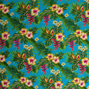 Turquoise colored Hibiscus Plumeria Split Banana Palm Leaves Fabric