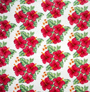White/Red Hibiscus & Tropical Leaves Cluster All Over design Peachskin Fabric