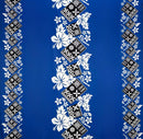 Blue Hibiscus Tropical Leaves w/ Patches of Traditional Tapa Double Border Polyester Fabric