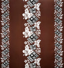 Brown Hibiscus Tropical Leaves w/ Patches of Traditional Tapa Double Border Polyester Fabric