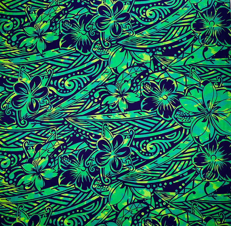 Traditional Polynesian Tattoo Hibiscus Plumeria Swirls Design Cotton Fabric | Islands Fabric