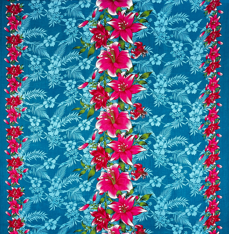 Triple Lily Border with tropical Flowers & Leaves Rayon Fabric | Islands Fabric