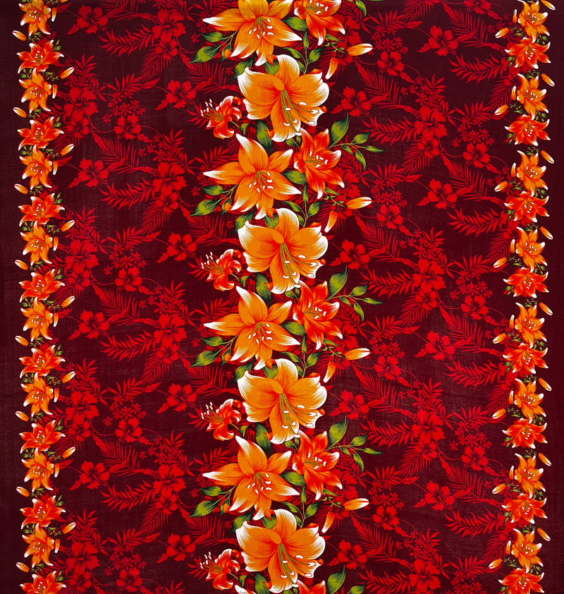 Triple Lily Border with tropical Flowers & Leaves Rayon Fabric | Islands Fabric
